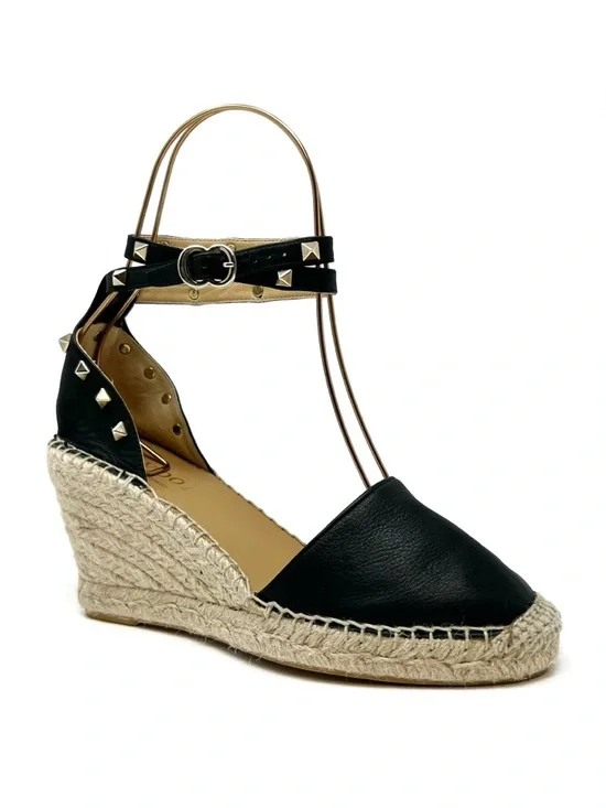 Maypol Studded Leather Wedge Espadrilles Size 39/ Black Leather Gold Studs - Picture 1 of 11
